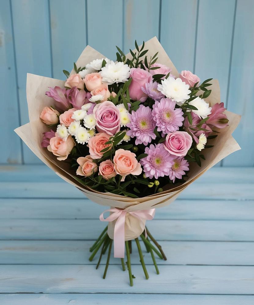 Букет цветов из: Хризантемы, Розы и Альстромерии в Мокве 1-ой