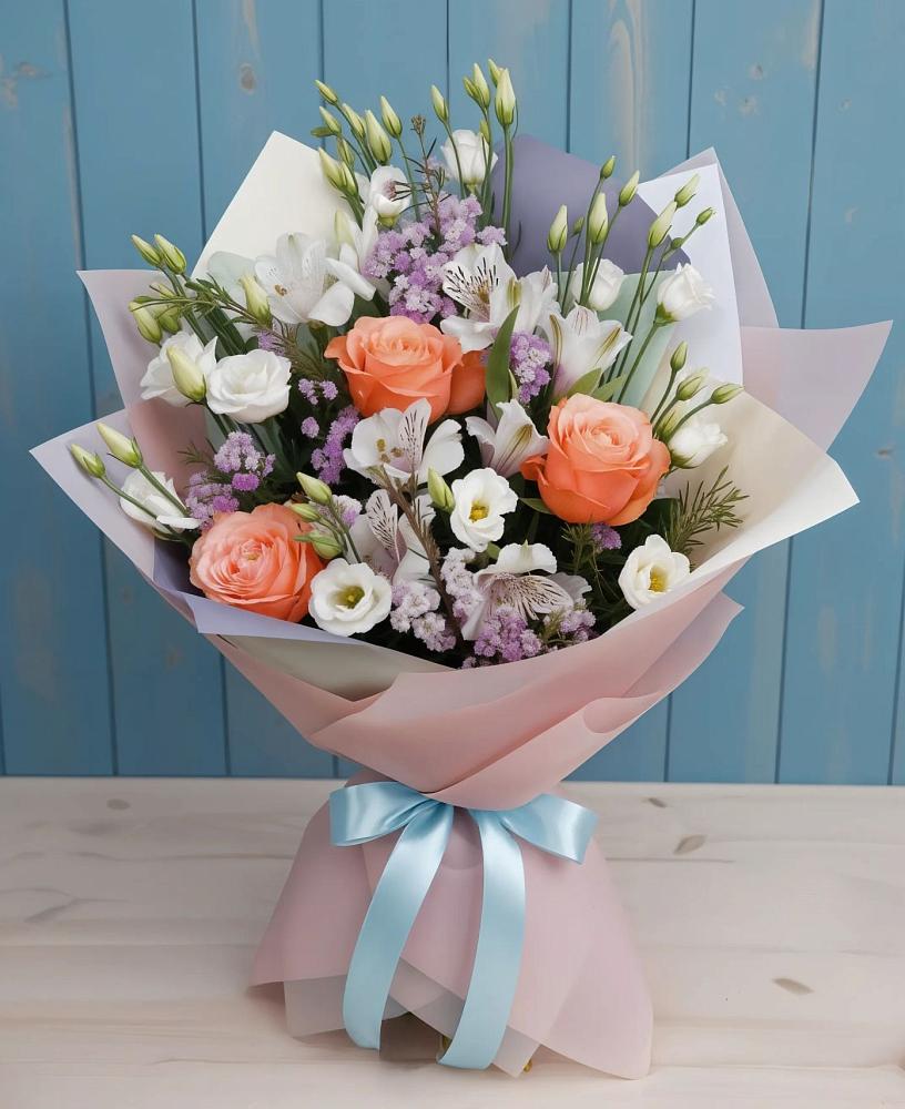 Букет цветов из: Лизиантусы, Розы, Альстромерии и Гипсофила в Мокве 1-ой