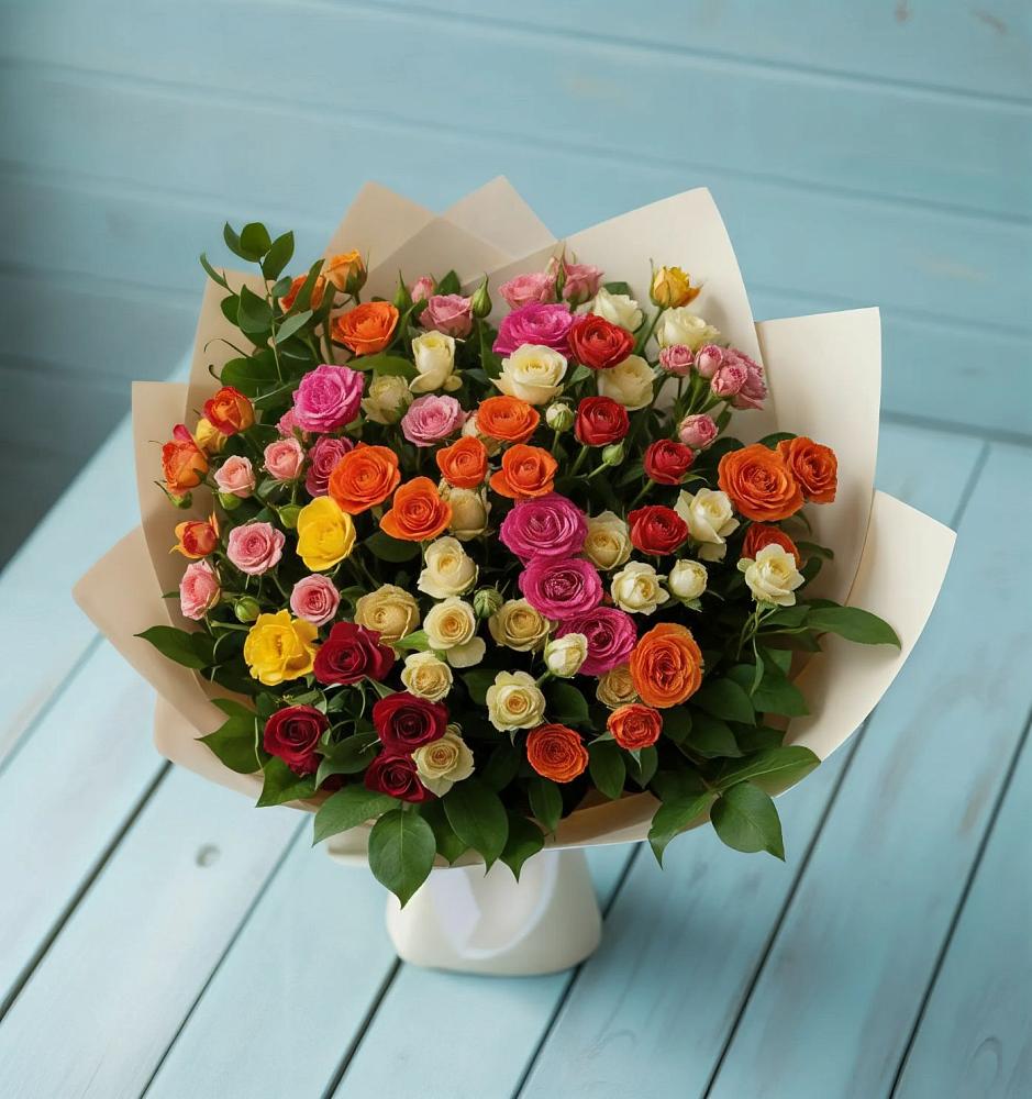 Букет Микс из разноцветных кустовых роз в Мокве 1-ой