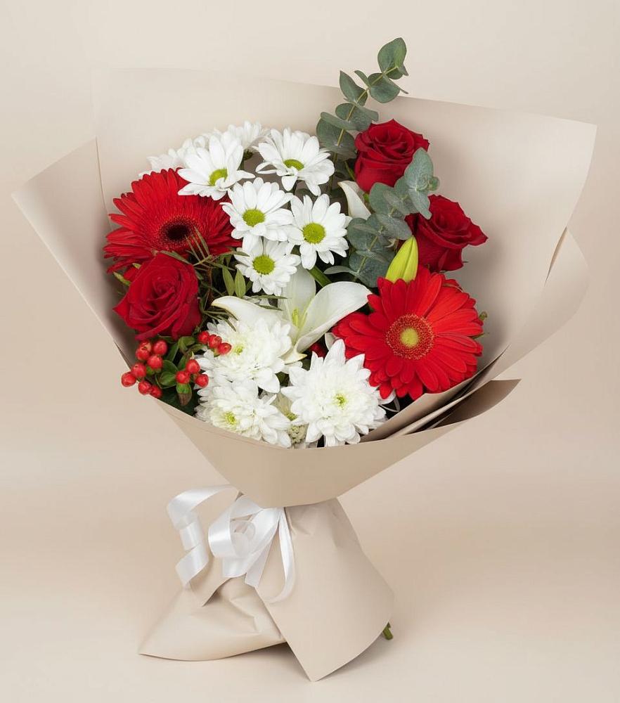 Букет цветов из: Розы, Хризантемы, Герберы и Лилии в Мокве 1-ой