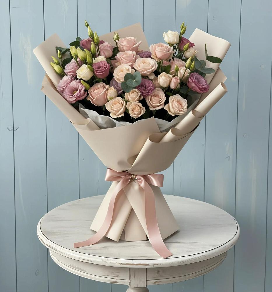 Букет цветов из: Розы и Лизиантусы в Мокве 1-ой