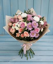 Букет цветов из:  Хризантемы, Розы и Альстромерии в Мокве 1-ой