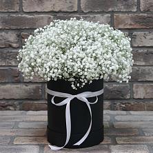 Цветочная композиция из Гипсофила в шляпной коробке в Мокве 1-ой