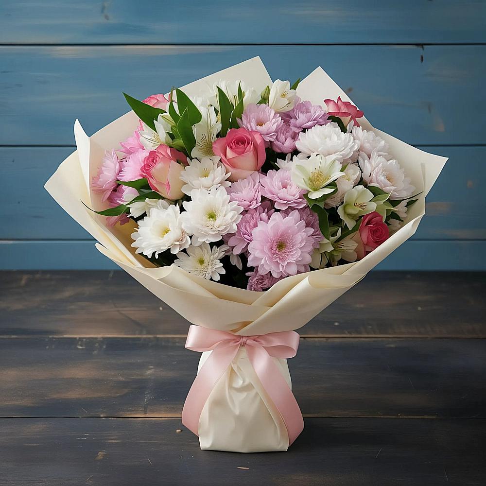 Букет цветов из: Хризантемы, Альстромерии и Розы в Мокве 1-ой